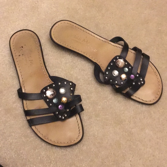 Miss Me Shoes - Bling black leather strap Rhinestone flat sandal